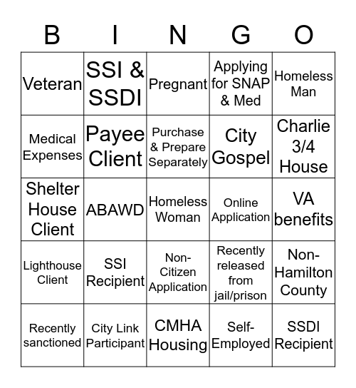 SNAP Bingo Card