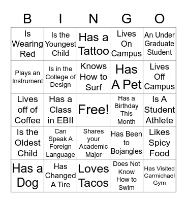 Welcome Party Bingo Card