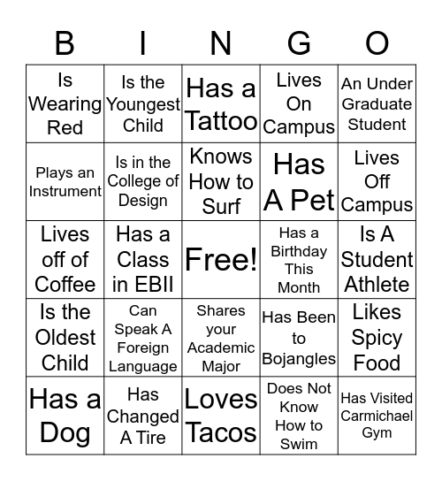 Welcome Party Bingo Card
