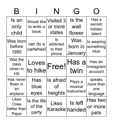 All About Me Bingo Card