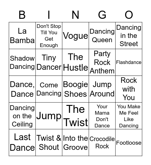 Songs About Dancing Bingo Card