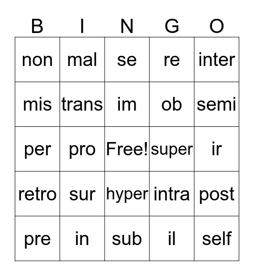 Prefix Bingo Card