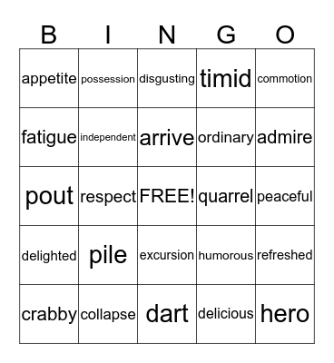 Vocabulary Bingo Card