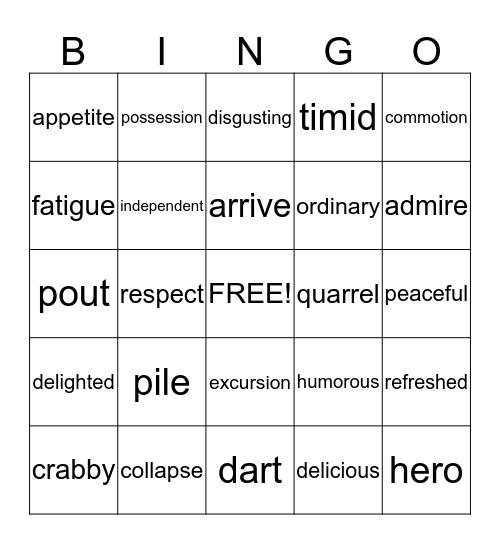 Vocabulary Bingo Card