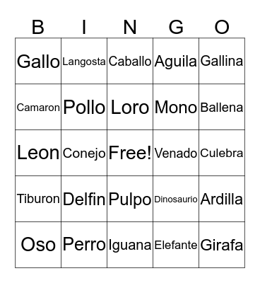 Spanish/English Bingo Card