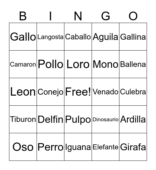 Spanish/English Bingo Card