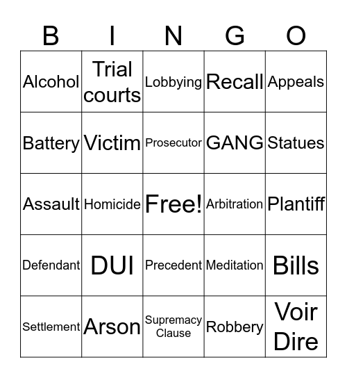 STREET LAW BINGO Card