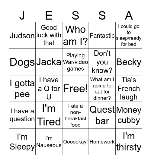 Jessa Bingo Card