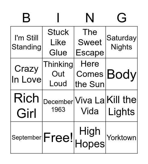 Music Bingo Card