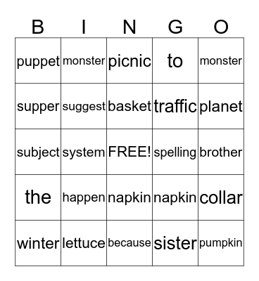 Bingo of Spelling Words Bingo Card