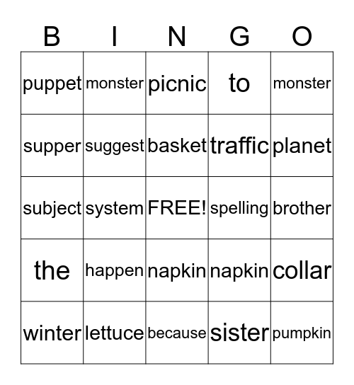 Bingo of Spelling Words Bingo Card