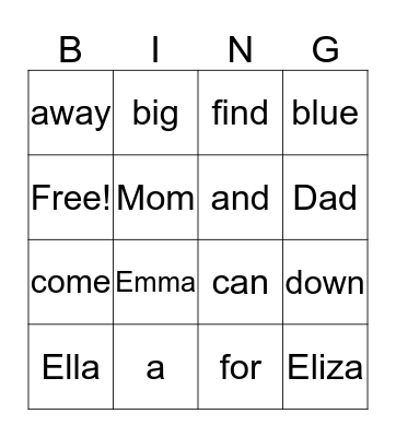 Sight Words Bingo Card