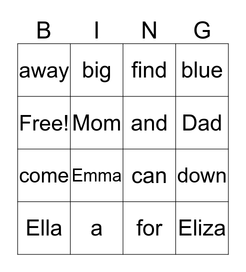 Sight Words Bingo Card