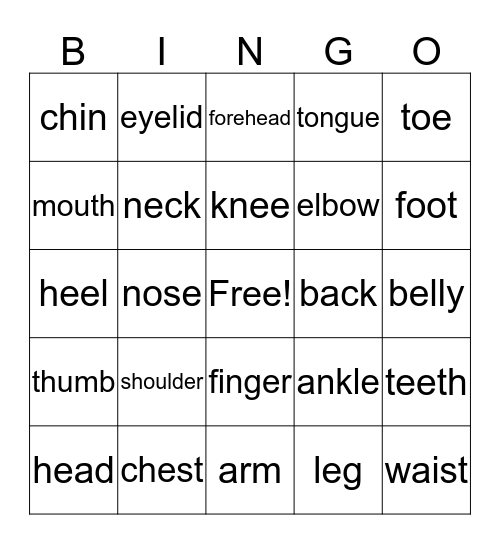 Body Parts Bingo Card