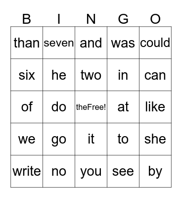 Sight Words Bingo Card