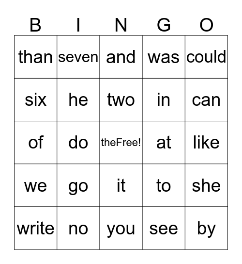 Sight Words Bingo Card