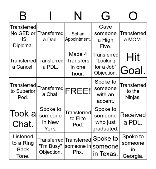 Transfer Bingo Card