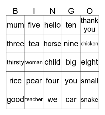 Hello,numbers and ages Bingo Card