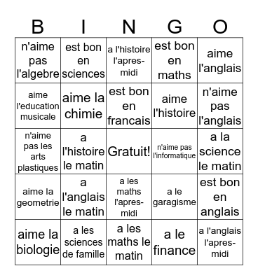 Les Matieres Scolaires  Bingo Card