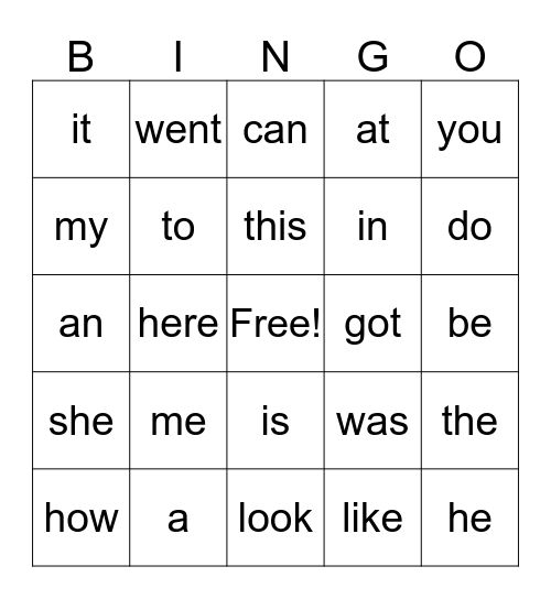 Sight Word Bing Bingo Card