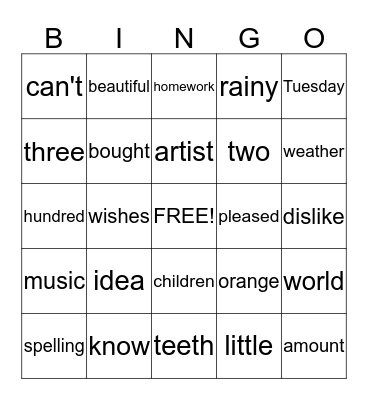 Bingo Game of Spelling Words Bingo Card