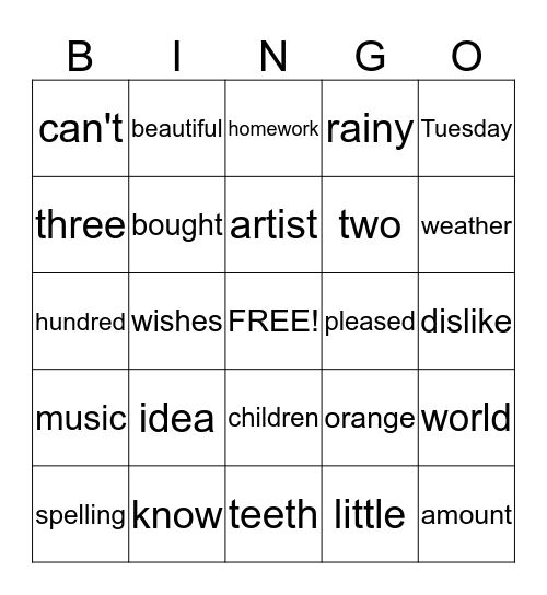 Bingo Game of Spelling Words Bingo Card