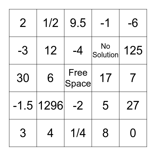 Logarithm Bingo Card
