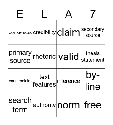 Argumentative Writing Vocabulary Bingo Card