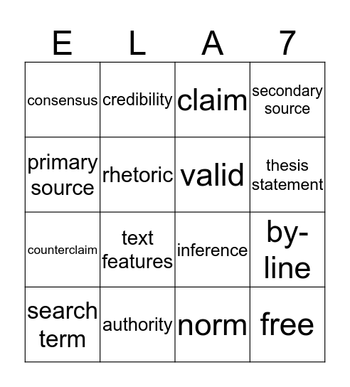 Argumentative Writing Vocabulary Bingo Card