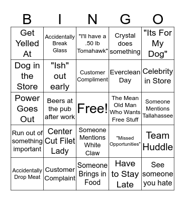 Meat Department Bingo Card