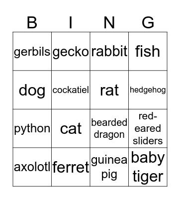 Animal Handling Bingo Card