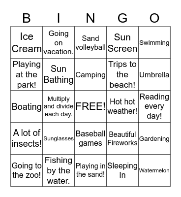Summertime Bingo Card