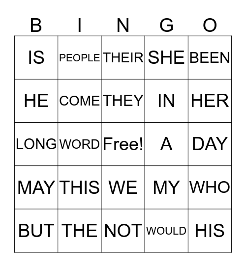 FRY WORD BINGO Card