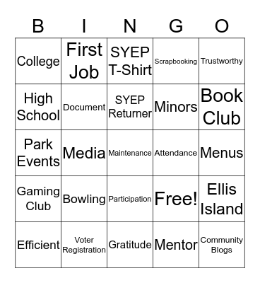 Orientation Bingo 5 Bingo Card