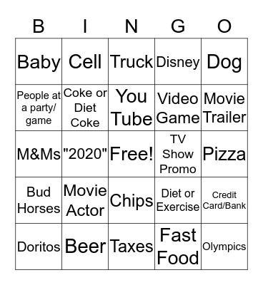 Superbowl Commercial Bingo Card