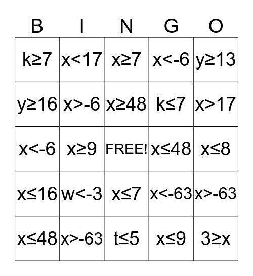Inequality BINGO Card