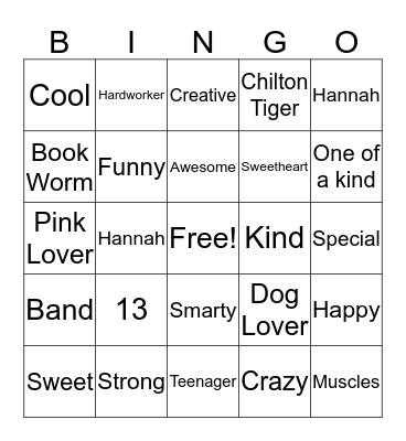 Hannah's Birthday Card  Bingo Card