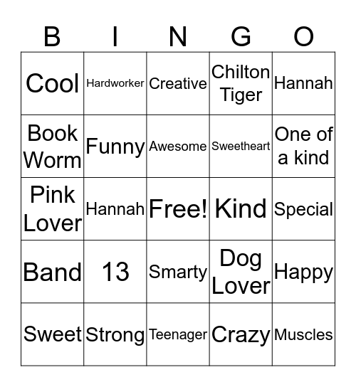 Hannah's Birthday Card  Bingo Card