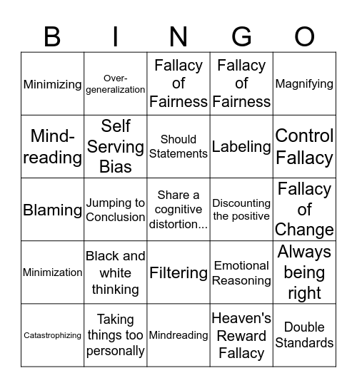 Cognative Distortion Bingo Card