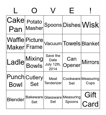 AMY'S BRIDAL SHOWER BINGO Card