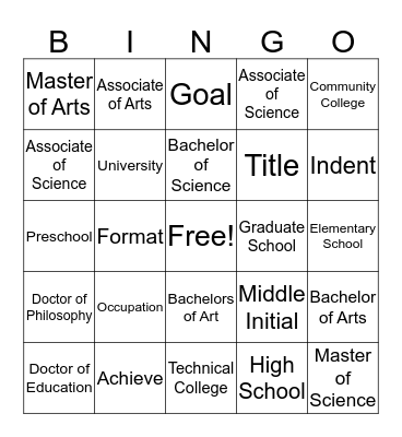 Pre-unit Vocabulary Bingo Card