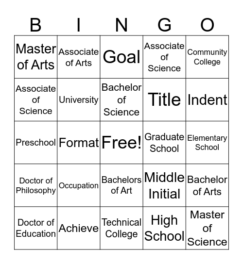 Pre-unit Vocabulary Bingo Card