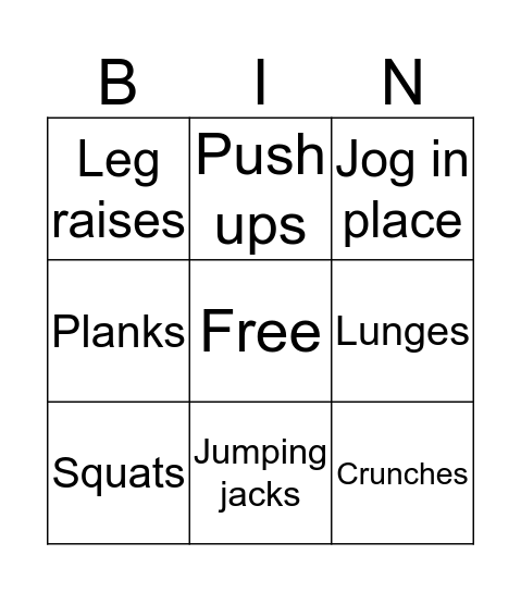 Fitness Bingo Card