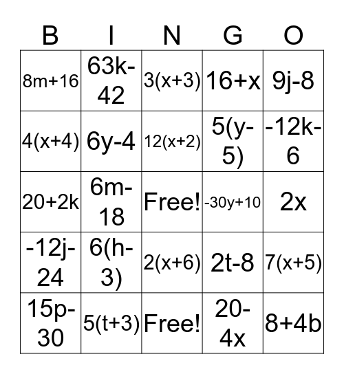 Factoring/Distributing/Simplyfing Bingo Card