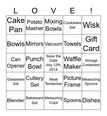 AMY'S BRIDAL SHOWER BINGO Card