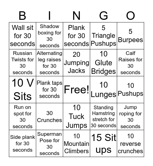 Fit-go Bingo Card