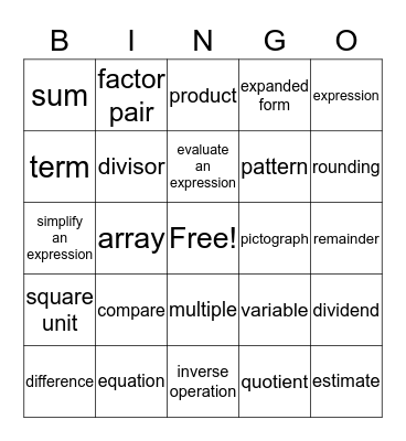 Math Vocabulary Bingo Card