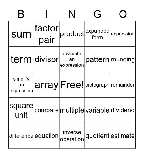 Math Vocabulary Bingo Card