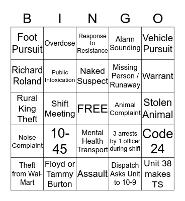 Winchester Police Bingo Card