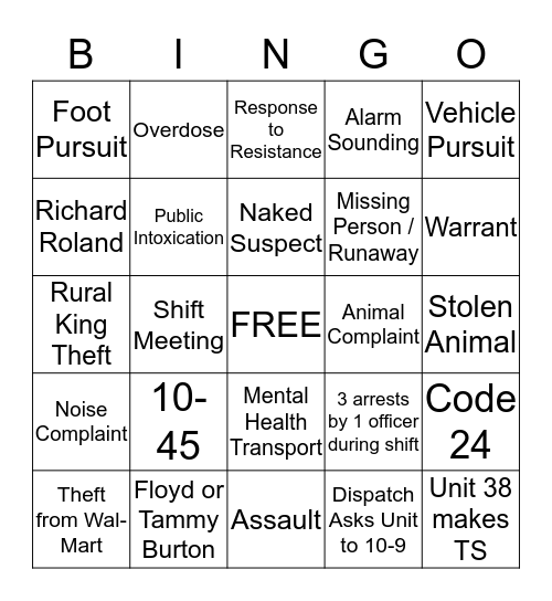 Winchester Police Bingo Card
